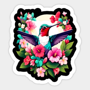 Cute Ruby Throated Hummingbird Surrounded by Spring Flowers Sticker